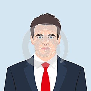 Face ID concept. Facial recognition technology. Biometric verification. Male avatar. Young man face. Man in the suit, shirt